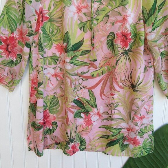 J Jill Pink Tropical Print Chiffon Tunic Top Size MP Hawaiian Tassels 3/4 Sleeve - Picture 8 of 11
